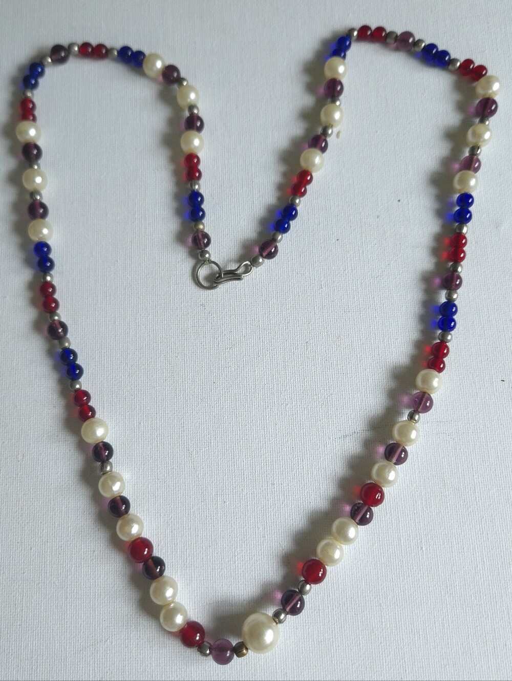 Vintage Multi-Color Glass & Faux Pearl Beaded Necklace – Blue, Red, Purple Stran